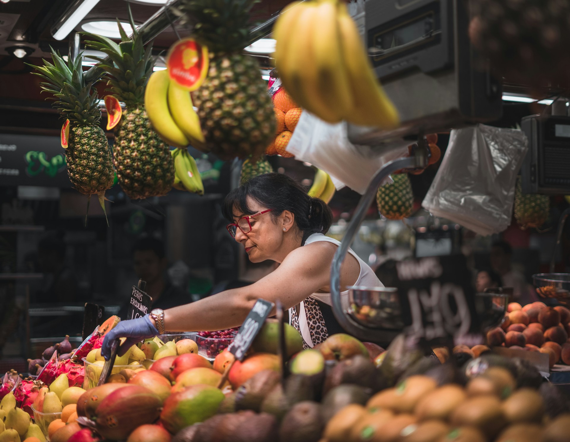 Colorful display of tropical fruits at a Costa Rica market